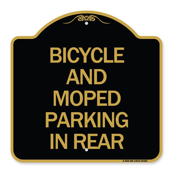 Bicycle and Moped Parking in Rear, Black & Gold Aluminum Sign, 18" x 18", BG-1818-24326